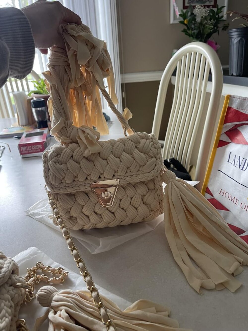 Neiman Marcus Beige Chunky Yarn Knit Crochet Tote Purse